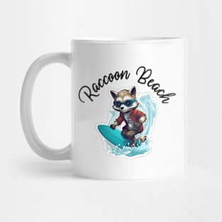 Raccoon Surfing - Raccoon Beach (Black Lettering) Mug